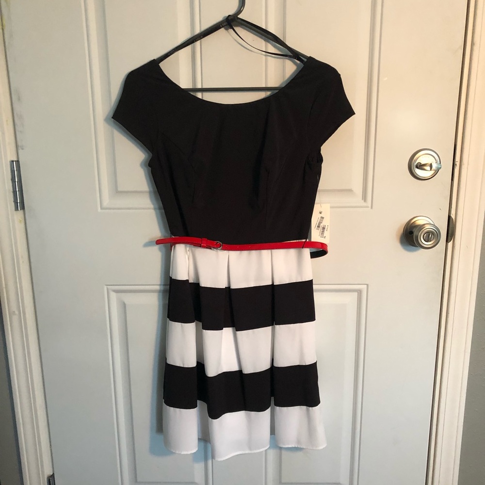 Black and White Striped Dress with Red Belt